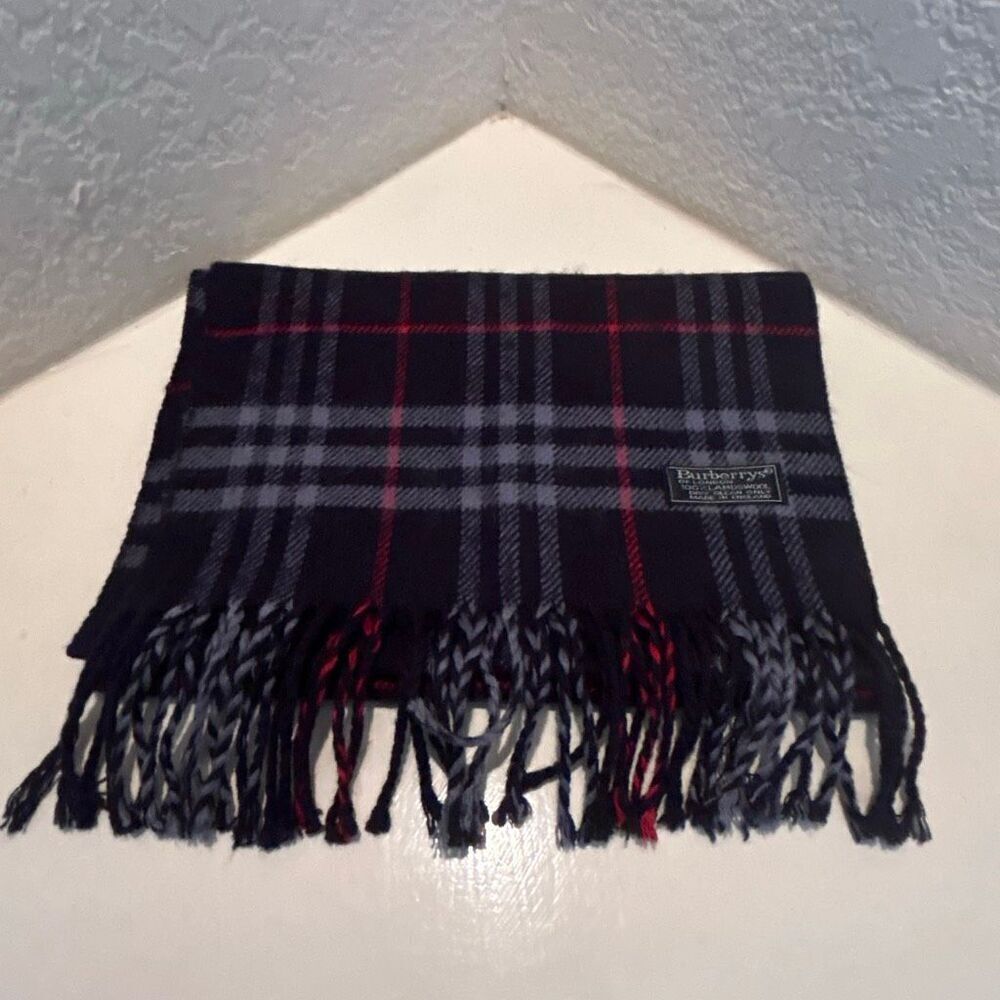 Vintage Burberrys Nova Check Winter Scarf Blue 100% Lambswool Plaid Old Money
